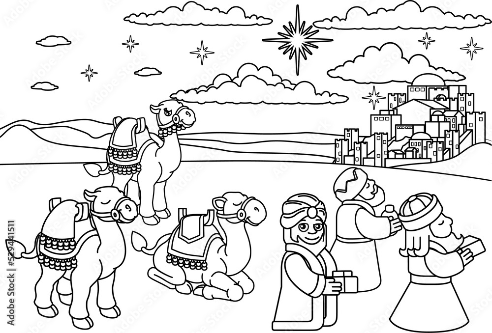 Naklejka premium Wise Men Christmas Nativity Scene Cartoon