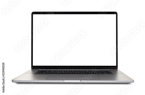 Front view of Modern laptop with blank white screen. Mock up template