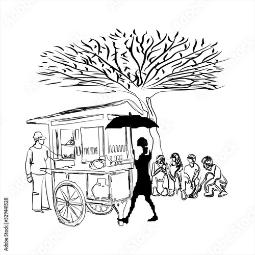 Hand drawn illustration of a meatball seller in Indonesia. Bakso is a kind of soup with meat balls, noodles and gravy