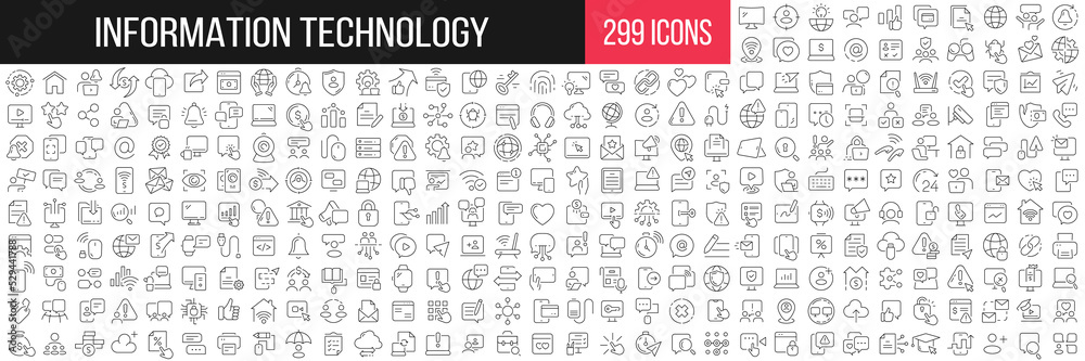 Information technology linear icons collection. Big set of 299 thin line icons in black. Vector illustration - obrazy, fototapety, plakaty 