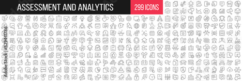 Assessment and analytics linear icons collection. Big set of 299 thin line icons in black. Vector illustration