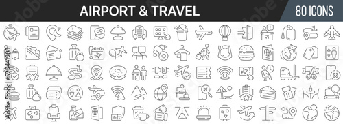Airport and travel line icons collection. Big UI icon set in a flat design. Thin outline icons pack. Vector illustration EPS10