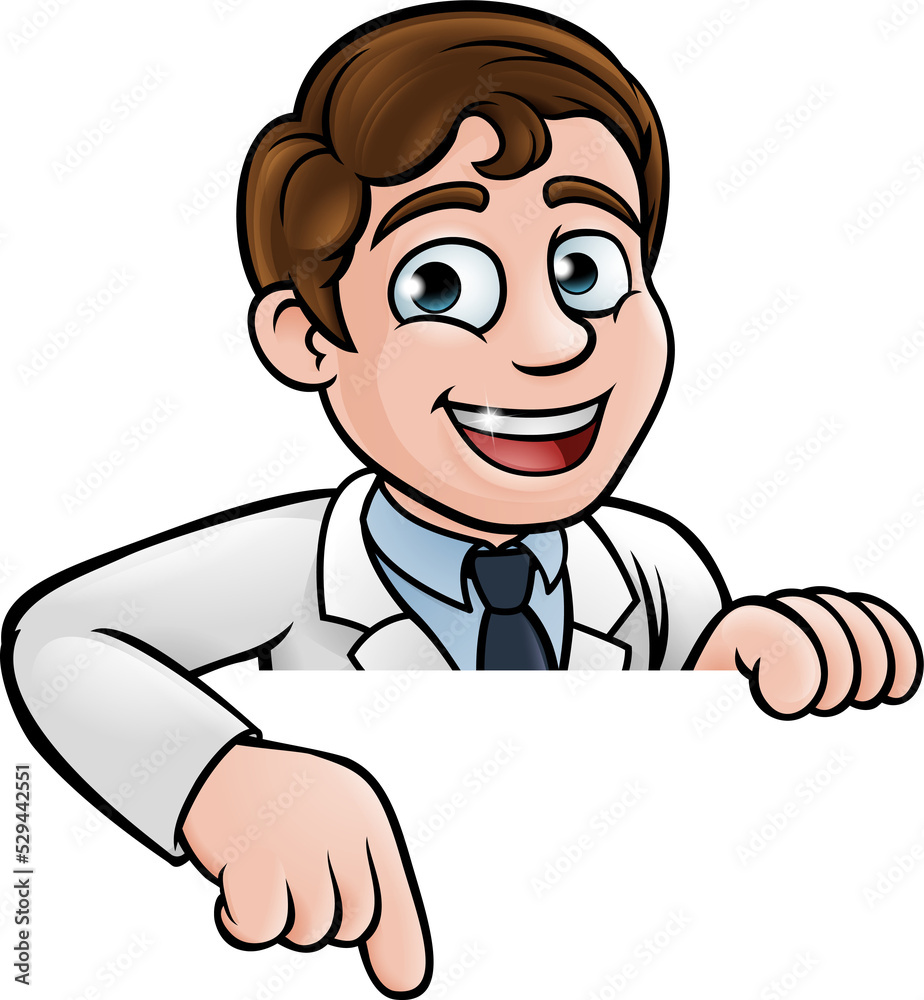 Pointing Cartoon Scientist Character Sign Pointing Cartoon Scientist Character Sign