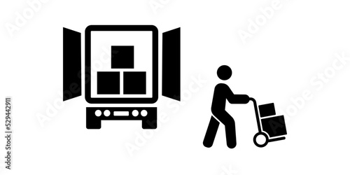 Delivery icon. Worker unloading boxes from truck. Vector icon isolated on white background.