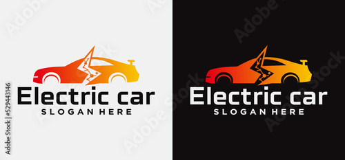 modern electric car logo design, car with electric silhouette template
