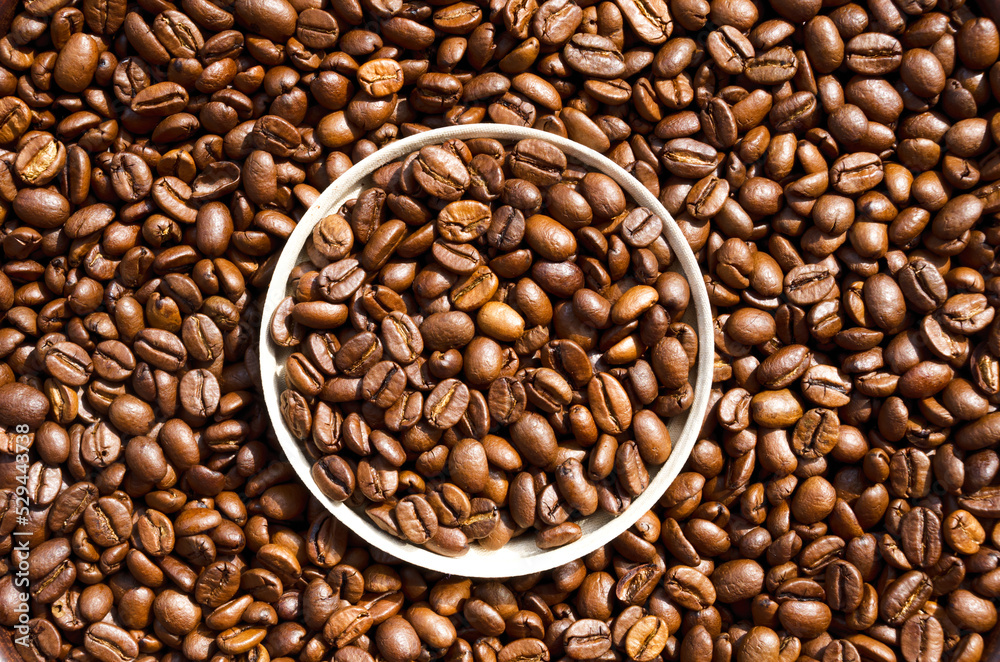 Fototapeta premium Java. Roasted coffee beans in a paper cup lid against the background of beans.