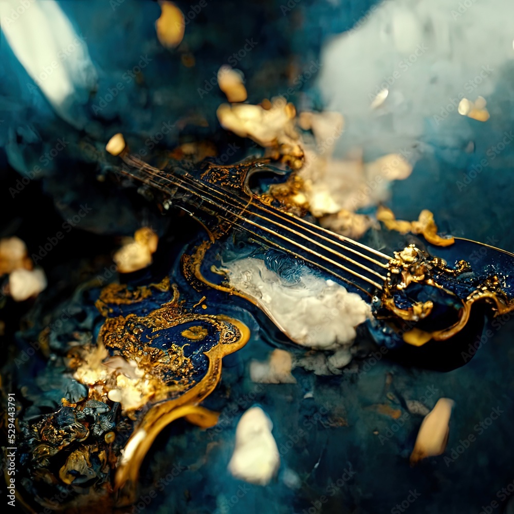 An ornate baroque guitar breaking on the marble tile floor, exploding into dust. Surreal, chaotic.