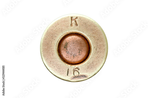 WW1 Japanese military bolt-action service rifles K 16 headstamp cartridge bottom shell casing isolated on white background. 6.5 made by Kynoch for Russia in 1916 