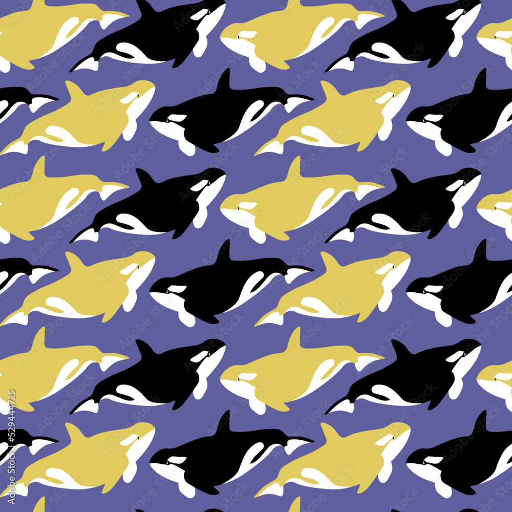 Vector seamless pattern with orca.Underwater cartoon creatures.Marine background.Cute ocean pattern for fabric, childrens clothing,textiles,wrapping paper Vector seamless pattern with orca.Underwater cartoon creatures.Marine background.Cute ocean pattern for fabric, childrens clothing,textiles,wrapping paper