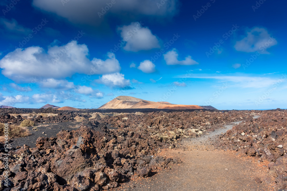 Lava path for Caldera Blanca Volcano in Lanzarote, Canary Islands,  Spain