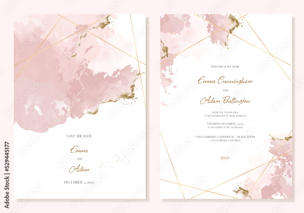 Abstract pink watercolour background with gold lines, dots and spots. Vector illustration design template for a wedding invitation