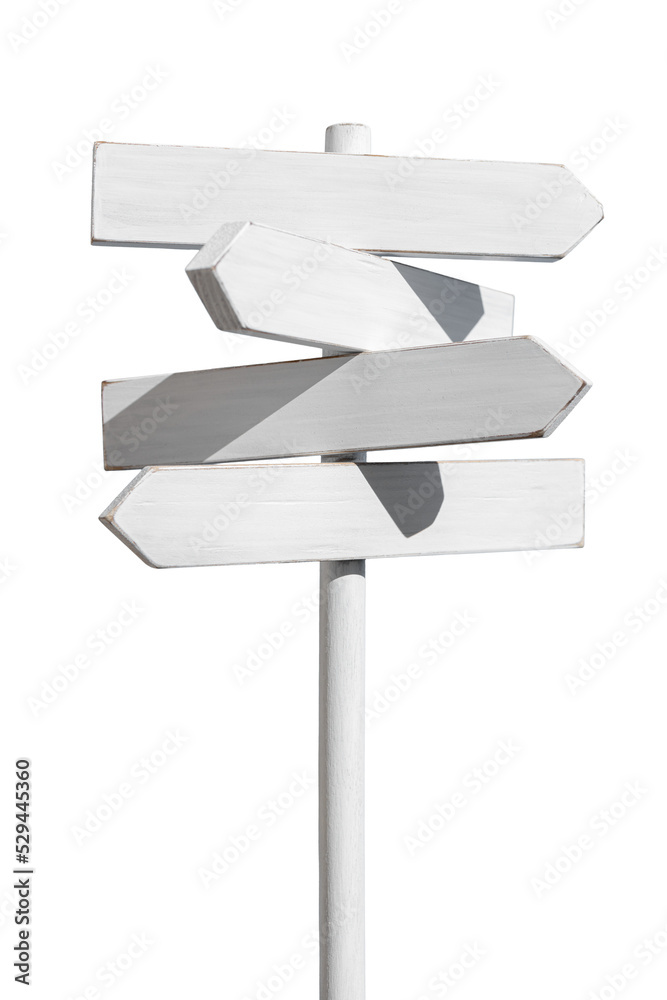 Blank white signpost with four planks in opposite way. Mock up, template - obrazy, fototapety, plakaty 