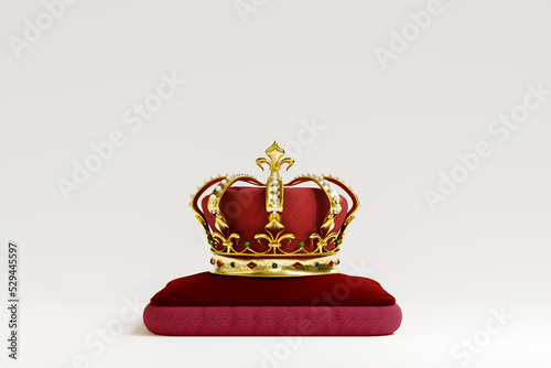 Queen or King crown on royal cushion. 3D Illustration photo