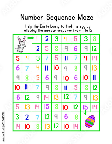 A flat illustration of an educational number maze for small kids to learn the number sequence 1 to 15 while playing a game, with a Easter Bunny theme.