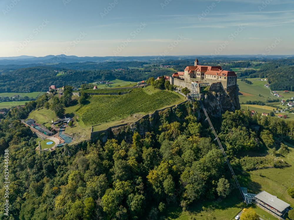 Austria - The Riegersburg castle surrounded by a beautiful landscape Located in the region of Styria from drone view