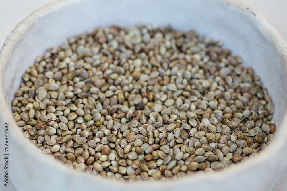 Dried hemp cannabis seeds in a white ceramic bowl, close up