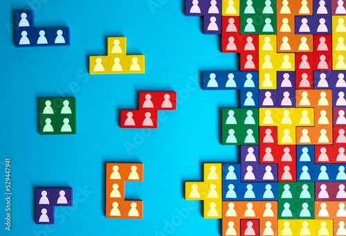 People unite into a group or business company. Perfect fit of teams. Searching new job candidates. Human resource management. Organization of work and distribution of responsibilities. Cooperation.