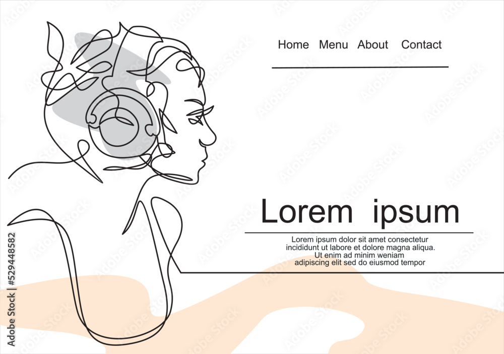Fototapeta premium woman listening to music in headphones-Continuous one line. Can used for logo, emblem, slide show and banner. Illustration with quote template.