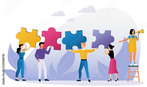 Team building concept. Team working on the project. Company culture, spirit. Mutual strategy, corporate life, partnership. Flat vector illustration.