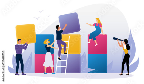 Team building concept. Team working on the project. Business. People building towers out of blocks. Mutual strategy, corporate spirit, partnership. Flat vector illustration.