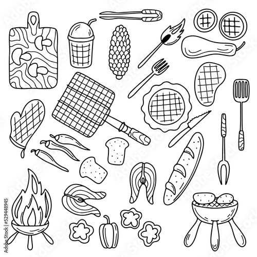 Barbecue grill collection in hand drawn doodle style. BBQ set. Vector Illustration. Barbecue party elements.