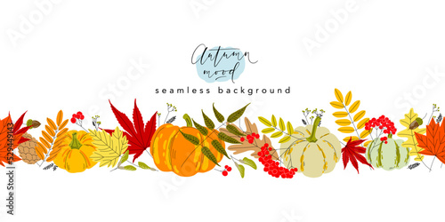 Falling autumn leaves, berries, seeds, cone and acorns seamless border pattern. Vector illustration. Background for headers, cards, covers, wallpapers, promo materials.