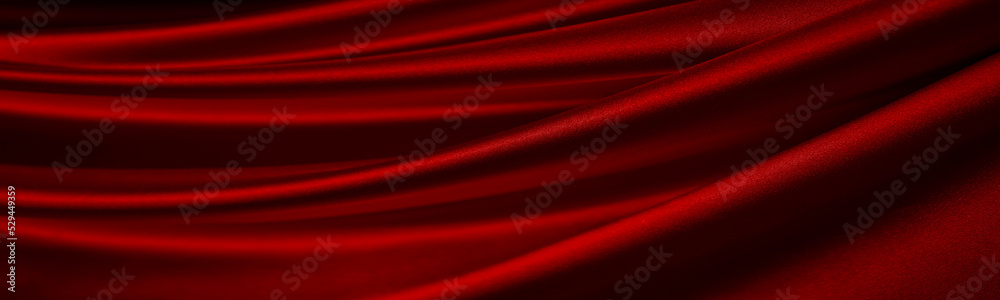 Red silk satin. Curtain. Luxury background for design. Shiny fabric. Wavy folds. Christmas, Valentine, Valentine's day, anniversary, awarding, festive. Web banner. Wide. Panoramic. Website header.