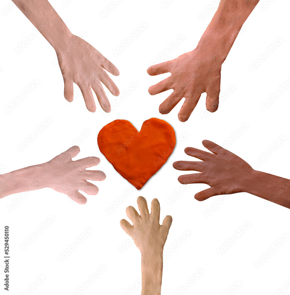 Hands of people around the world and heart mark icon clay art	

