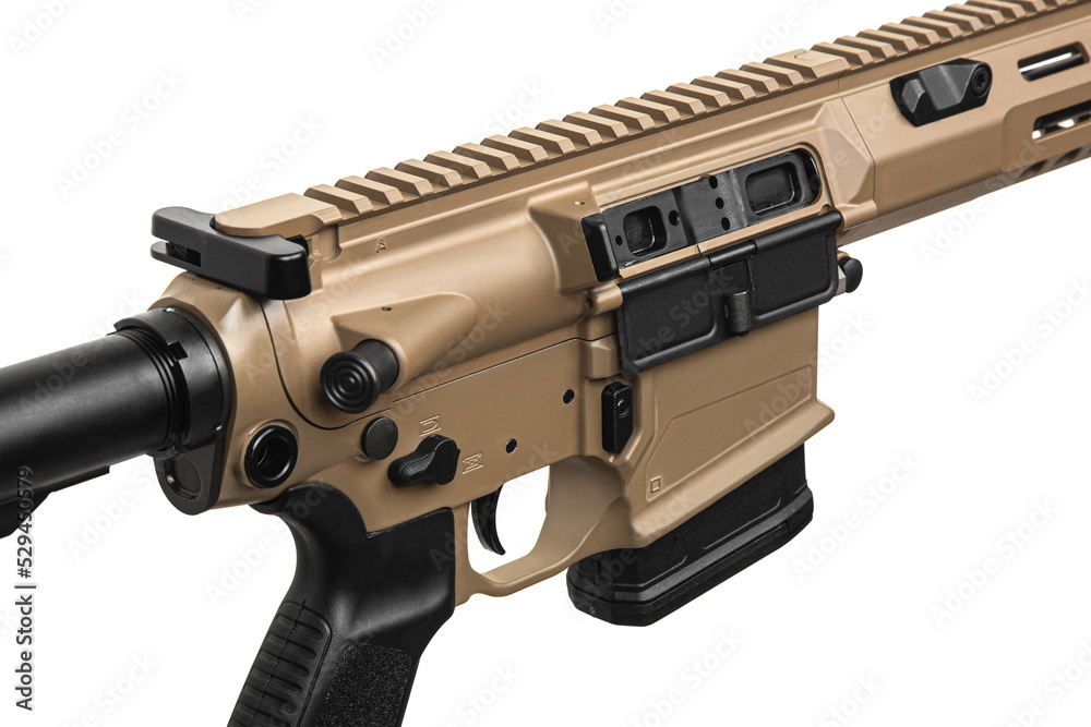 Part of the weapon close-up. Modern automatic rifle in coyote color. Weapons for police, special forces and the army. Automatic carbine. Assault rifle on white.