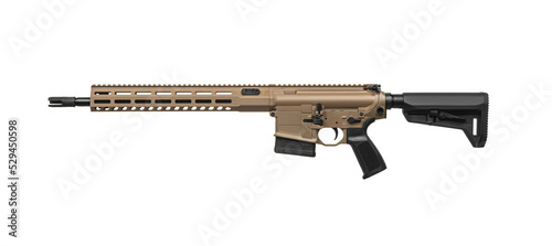 Modern automatic rifle in coyote color. Weapons for police, special forces and the army. Automatic carbine with mechanical sights. Assault rifle on white.