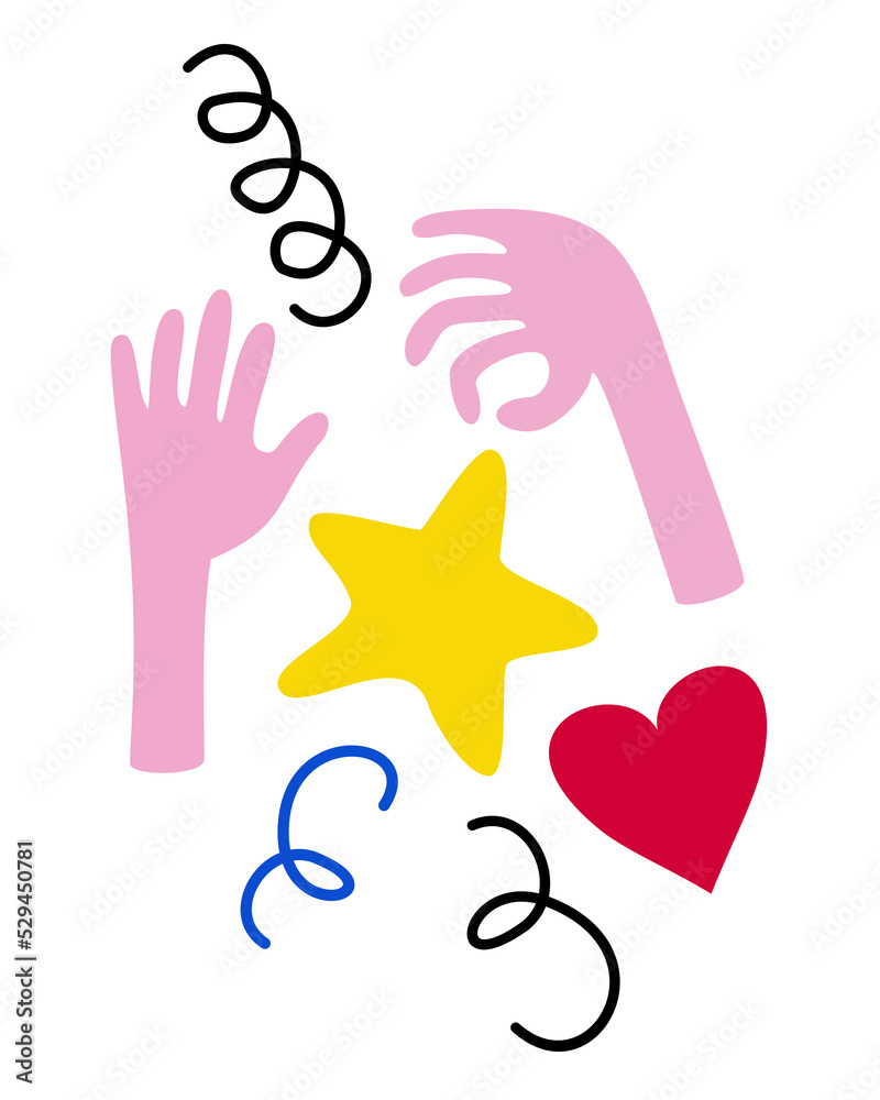 Vector collection of doodle elements on white background. Hands, star, heart and various curved lines.
