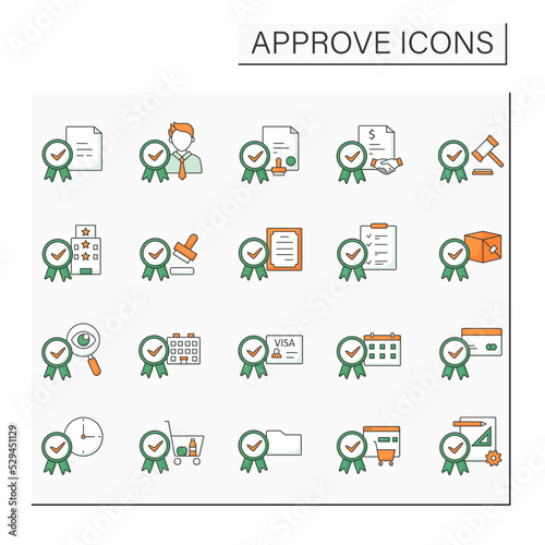 Approve color icons set. Accept, allow, officially agree with laws, projects. Approving schedule, time. Confirmed concept. Isolated vector illustrations