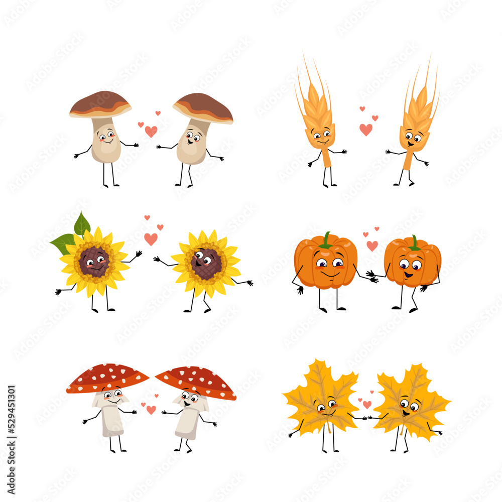 Set of autumn people made leaves, fly agaric mushrooms, pumpkin, sunflower and wheat ear with happy face, smile eyes, in love with emotion, holding hands and with legs. Festive decoration Set of autumn people made leaves, fly agaric mushrooms, pumpkin, sunflower and wheat ear with happy face, smile eyes, in love with emotion, holding hands and with legs. Festive decoration