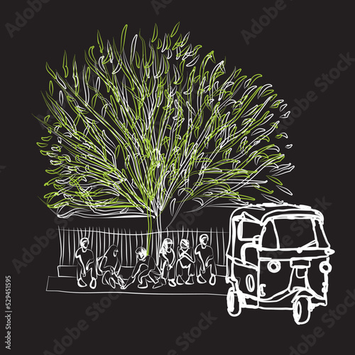 Hand drawn illustration of Bajaj and prospective passengers. Bajaj is a three-wheeled short distance public transportation in the city of Jakarta