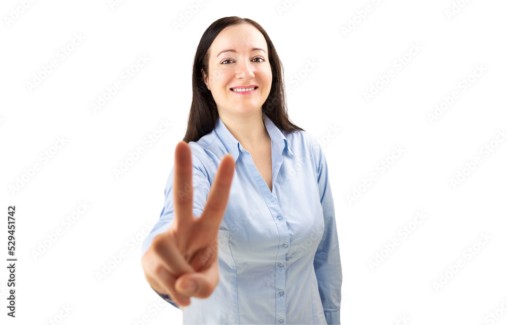Portrait of a confident young businesswoman showing a peace gesture in a modern office Portrait of a confident young businesswoman showing a peace gesture in a modern office