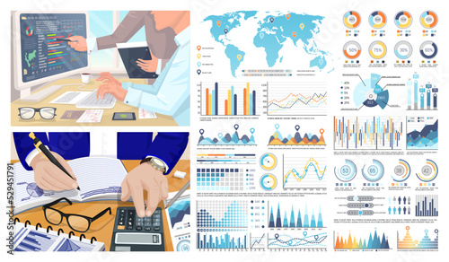 Infographics and world map, figures calculations by businessman vector. Examining and researching, brainstorming team with graphics and charts schemes