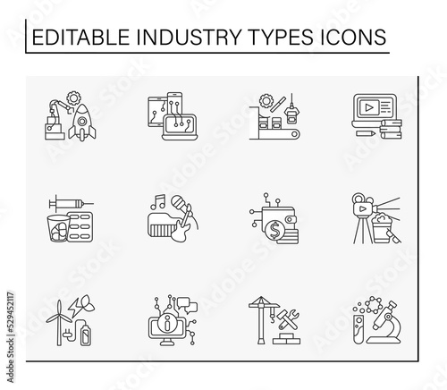  Industry types line icons set. Manufacturing of productions, creating content and sharing to people. Business concept. Isolated vector illustrations. Editable stroke