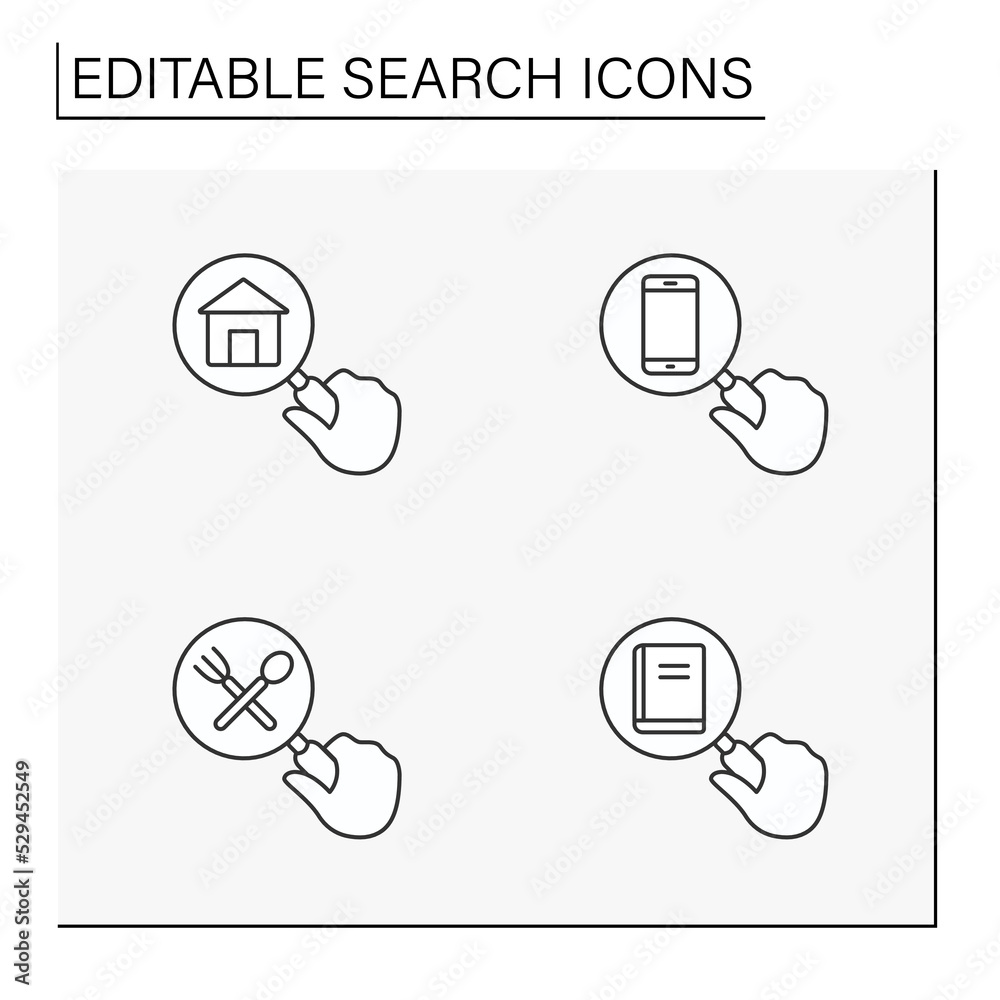  Search line icons set. Looking through a magnifier. Book, restaurant, smartphone and real-estate building.Searching for entertainment. SEO concepts. Isolated vector illustrations. Editable stroke