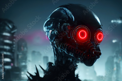 Fototapeta 3D rendering a cyberpunk scary creature with red luminous eyes in a night scene