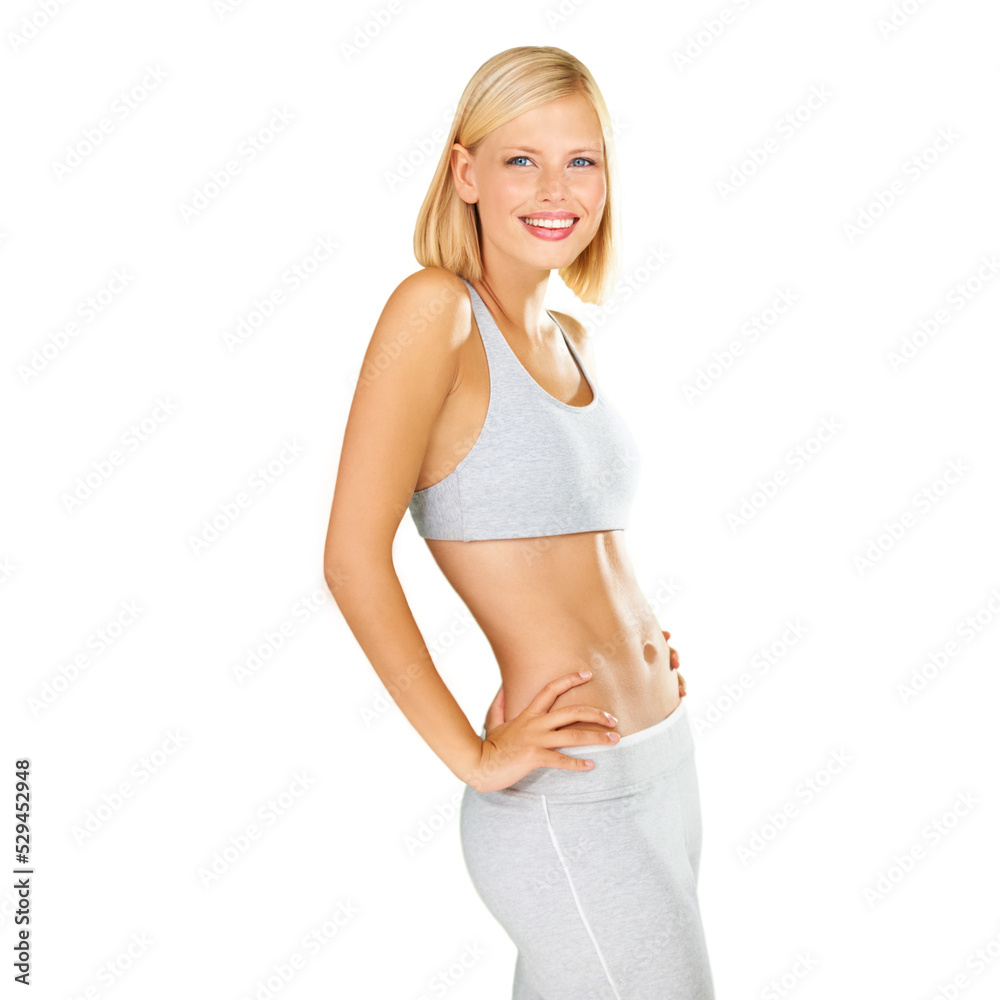 Fitness, exercise and a healthy body of a woman after her workout and training on a png, transparent and mockup or isolated background. A beautiful blonde girl feeling fit and confident in wellness Fitness, exercise and a healthy body of a woman after her workout and training on a png, transparent and mockup or isolated background. A beautiful blonde girl feeling fit and confident in wellness