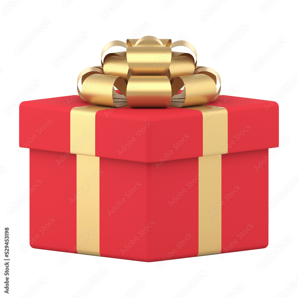 Red gift box 3d with golden knot. Square christmas surprise tied luxurious ribbon Red gift box 3d with golden knot. Square christmas surprise tied luxurious ribbon