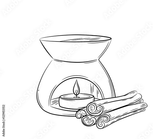Hand drawn candle in diffuser for home fragrance. Doodle sketch style. Line drawing of a simple cinnamon essential oil diffuser. Isolated vector illustration in a linear style.