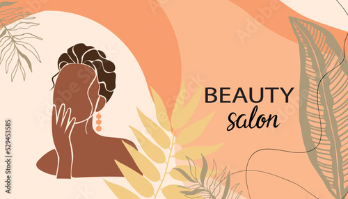 Minimalist abstract background with portrait of dark skinned woman. Beauty salon template for business card or flyer, cover, poster.