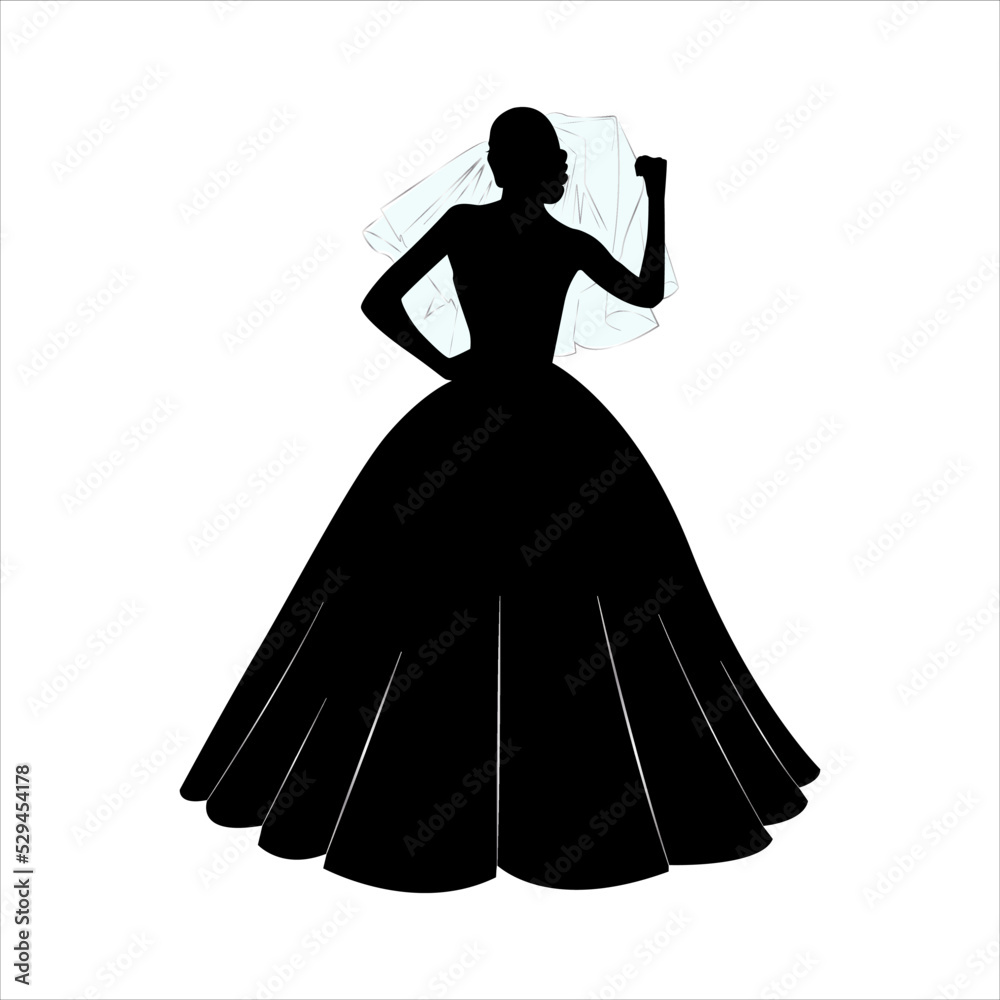 Bride holding veil silhouette. Female silhouette in a lush dress on a white background. Vector illustration. Bride holding veil silhouette. Female silhouette in a lush dress on a white background. Vector illustration.