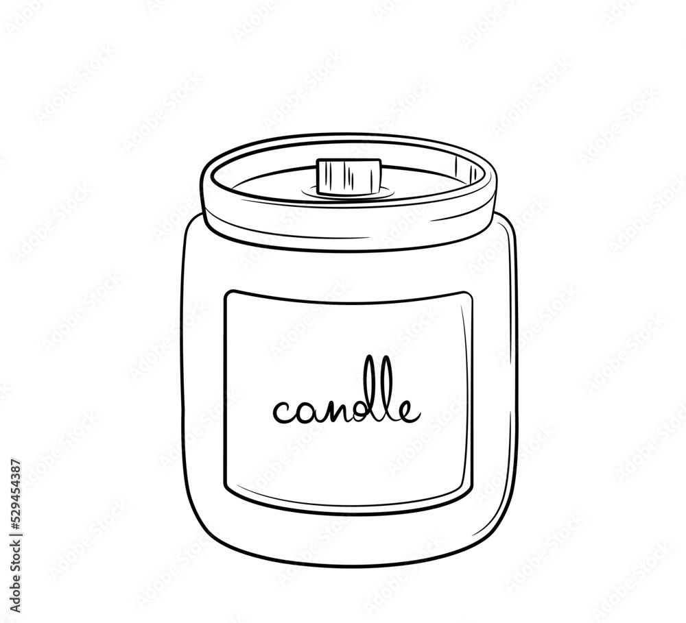 Hand-drawn wax candle in glass holder with wooden wick. Sketch in doodle style. Isolated vector illustration with strokes. Hand-drawn wax candle in glass holder with wooden wick. Sketch in doodle style. Isolated vector illustration with strokes.