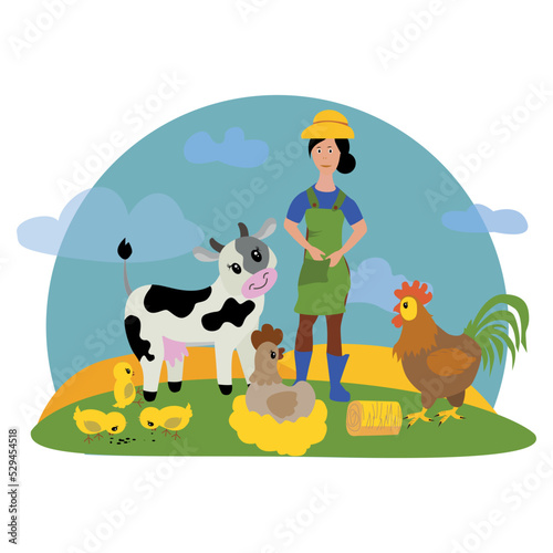Farmer and pets on a rural background. cow, chicken, rooster, chickens.Vector illustration.