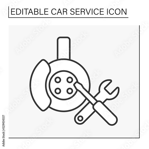  Brake repair line icon. Rebuilding or replacing brakes for slowing or stopping vehicles. Car service concept. Isolated vector illustration. Editable stroke