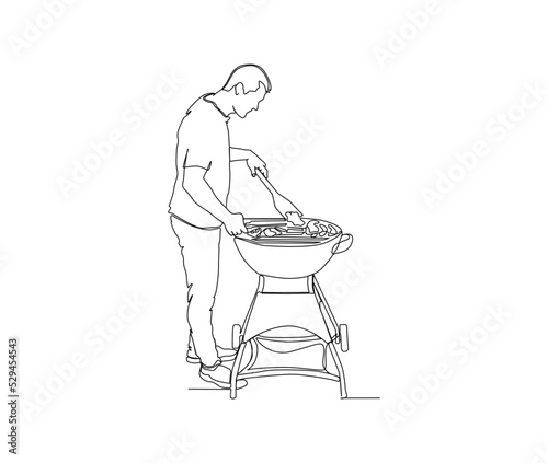 Continuous one line drawing of man cooking meat on barbecue grill . single line of man cooks a barbecue , minimalism style.
