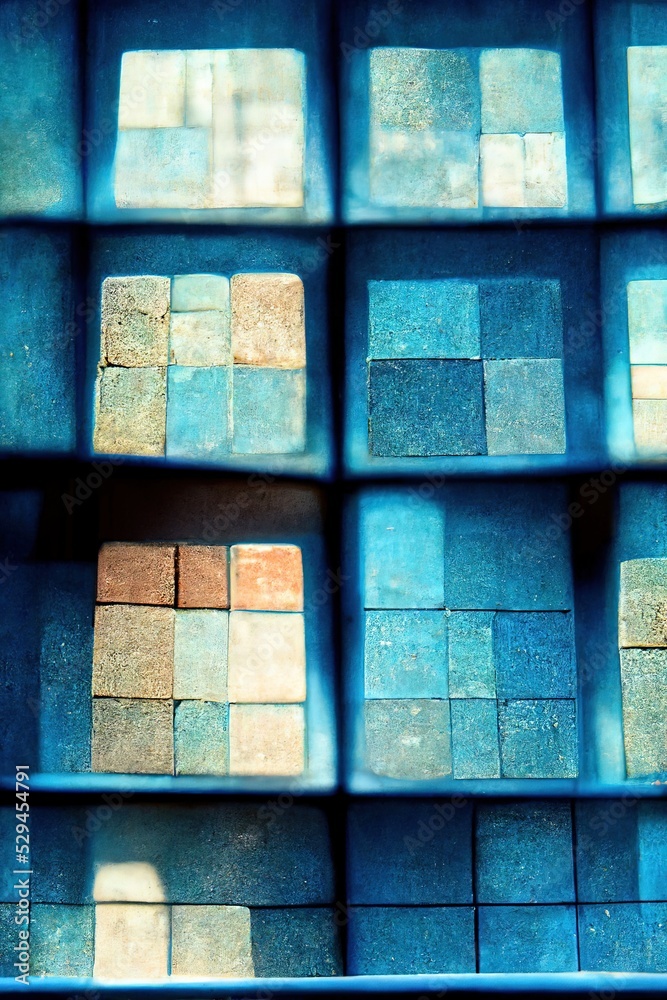 Abstract square cubes, rectangles and beautiful chalk texture blue colored blocks with shadows - shallow depth of field bokeh blur makes for stunning background art to compliment your designs.