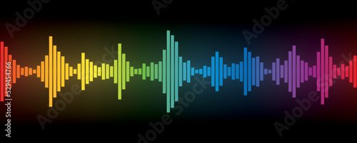 Soundwave equalizer bars, colorful volume level wave, rainbow gradient colored audio frequency scale or sound wave amplitude. Seamless extendable vector illustration on black background.
